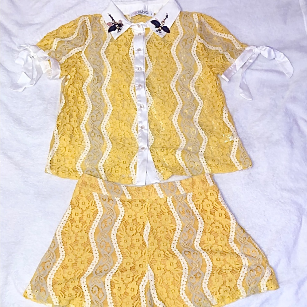 Yellow lace button up top and shorts set